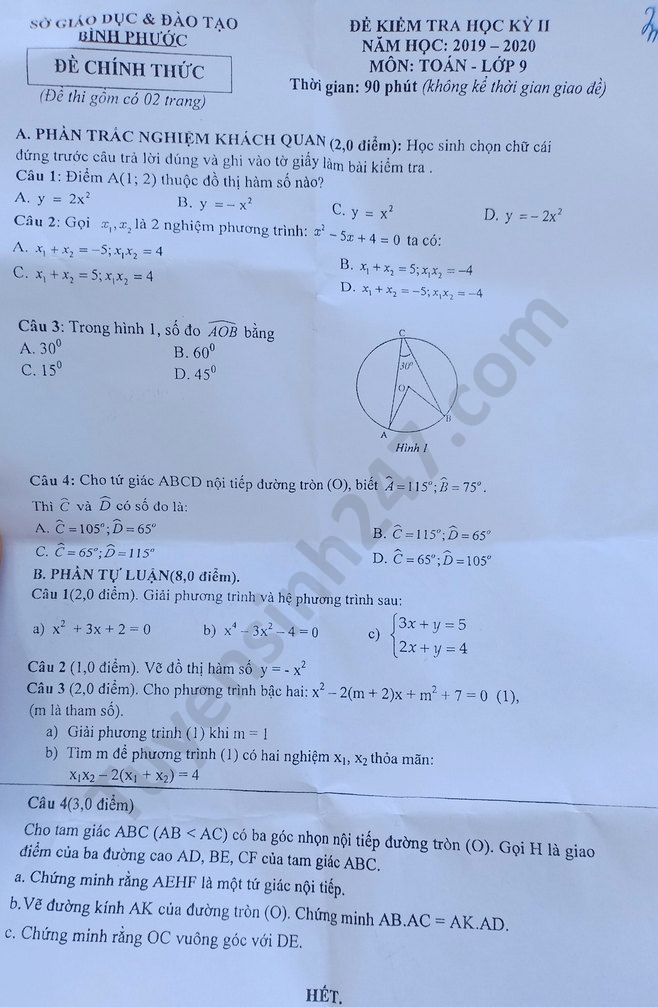 Đề thi học kì 2 môn Toán lớp 9 Sở Bình Phước năm 2020 