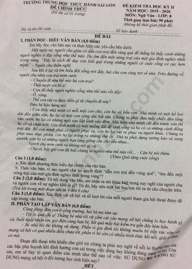 Đề kiểm tra học kì 2 môn Văn lớp 8 THTH Sài Gòn năm 2020 