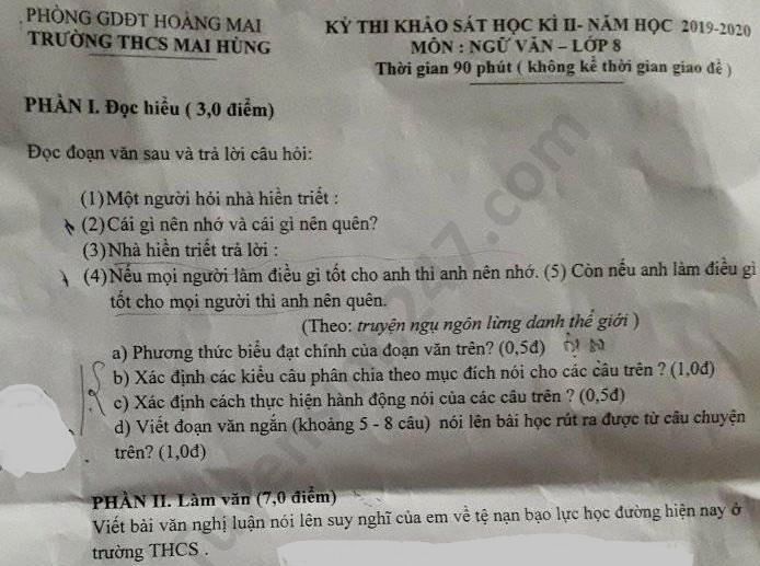 Đề thi học kì 2 năm 2020 môn Văn lớp 8 THCS Mai Hùng 