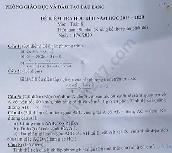 Đề thi học kì 2 Phòng GD Bàu Bàng năm 202 môn Toán lớp 8