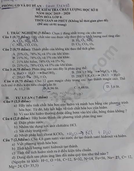 Đề thi học kì 2 phòng GD Dĩ An năm 2020 môn Hóa lớp 8