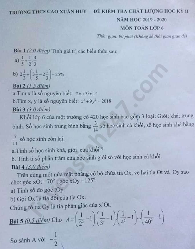 Đề thi học kì 2 năm 2020 THCS Cao Xuân Huy môn Toán lớp 6 