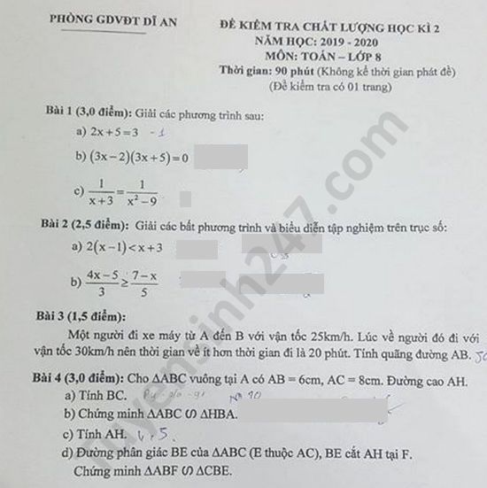 Đề thi học kì 2 lớp 8 môn Toán Phòng GD Dĩ An năm 2020 