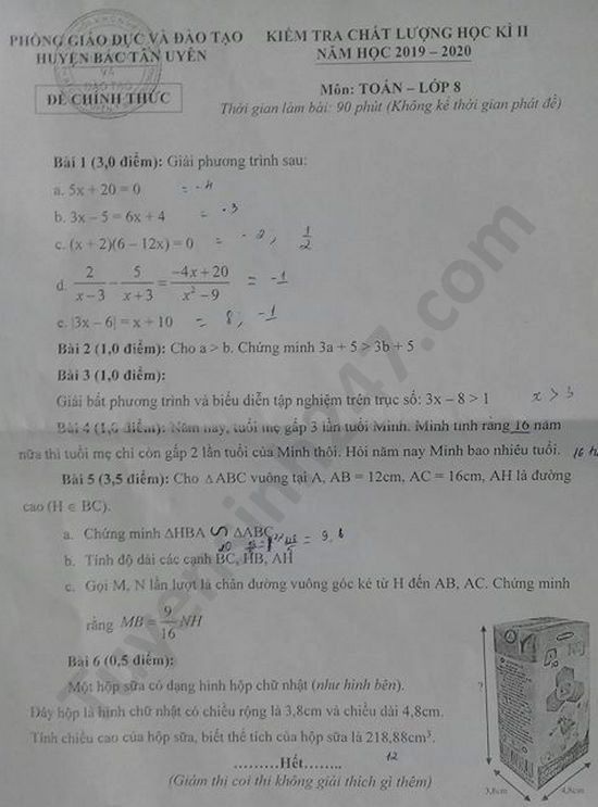 Đề thi học kì 2 năm 2020 lớp 8 môn Toán huyện Bắc Tân Uyên 