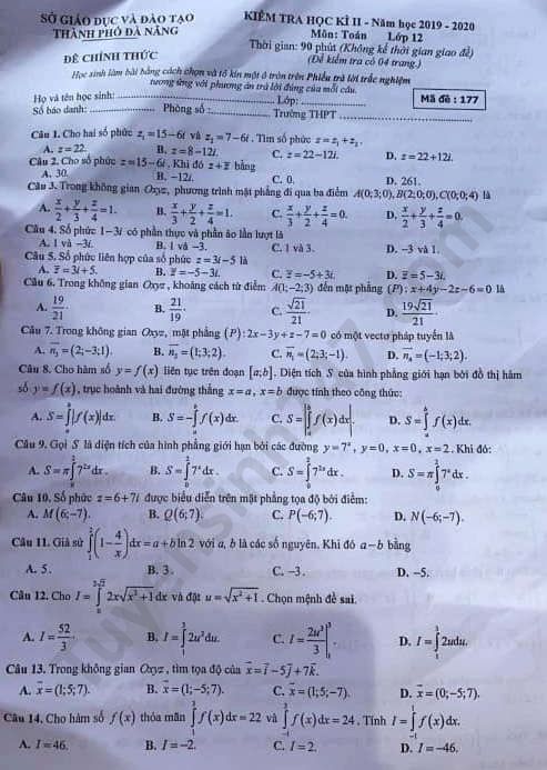 Đề thi học kì 2 lớp 12 năm 2020 môn Toán TP Đà Nẵng
