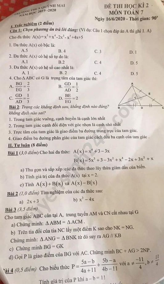 Đề thi học kì 2 môn Toán lớp 7 trường THCS Quỳnh Mai năm 2020 