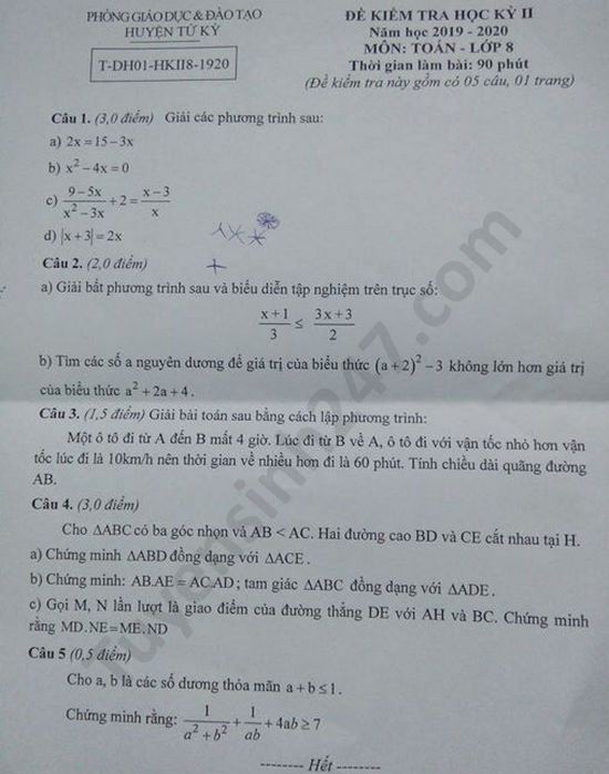 Đề thi học kì 2 môn Toán lớp 8 huyện Tứ Kỳ năm 2020 