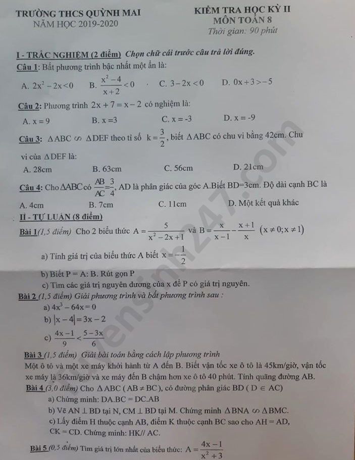 Đề thi học kì 2 năm 2020 môn Toán lớp 8 THCS Quỳnh Mai 