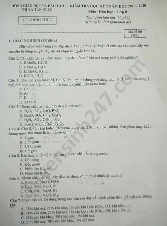 Đề thi học kì 2 năm 2020 môn Hóa lớp 8 TX Tân Uyên 