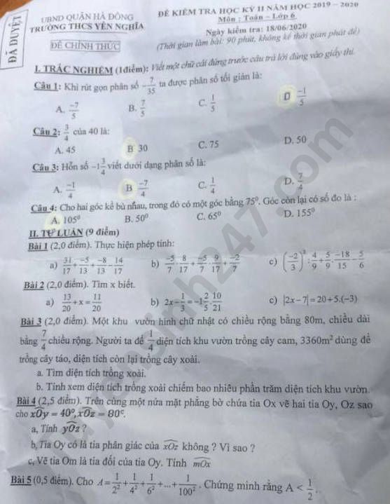 Đề thi học kì 2 môn Toán lớp 6 THCS Yên Nghĩa năm 2020 