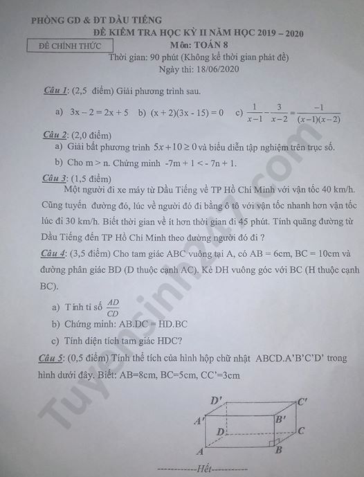 Đề thi học kì 2 môn Toán lớp 8 Phòng GD Dầu Tiếng năm 2020