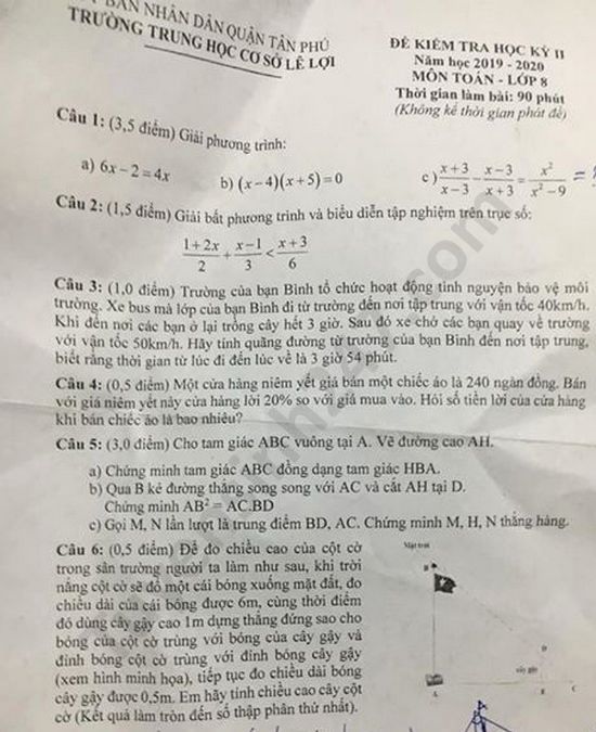 Đề thi học kì 2 môn Toán lớp 8 trường THCS Lê Lợi năm 2020 