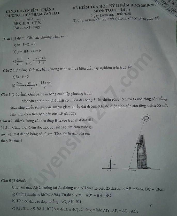 Đề thi học kì 2 lớp 8 môn Toán THCS Phạm Văn Hai năm 2020 