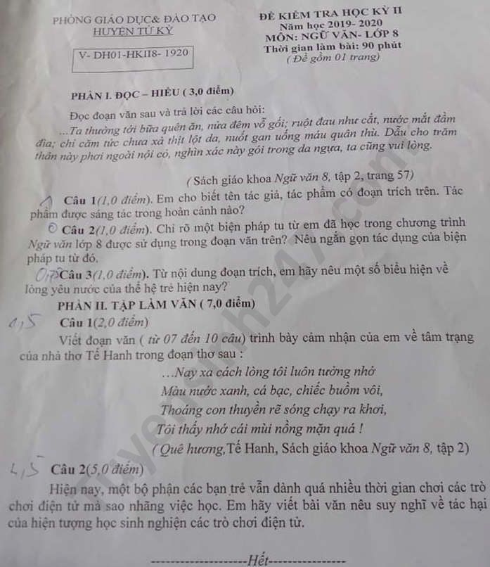 Đề thi học kì 2 năm 2020 môn Văn lớp 8 huyện Tứ Kỳ 