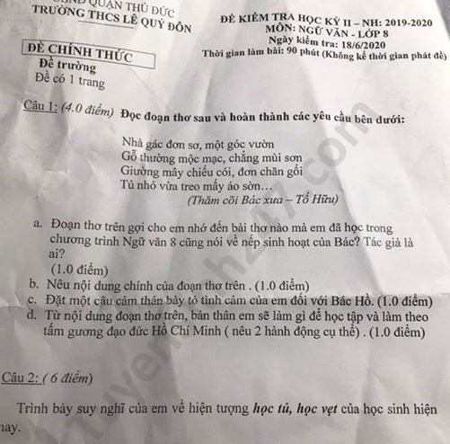 Đề thi học kì 2 môn Văn lớp 8 THCS Lê Quý Đôn năm 2020