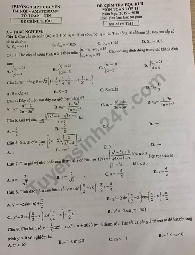 Đề thi kì 2 lớp 11 môn Toán 2020 - Chuyên Amsterdam