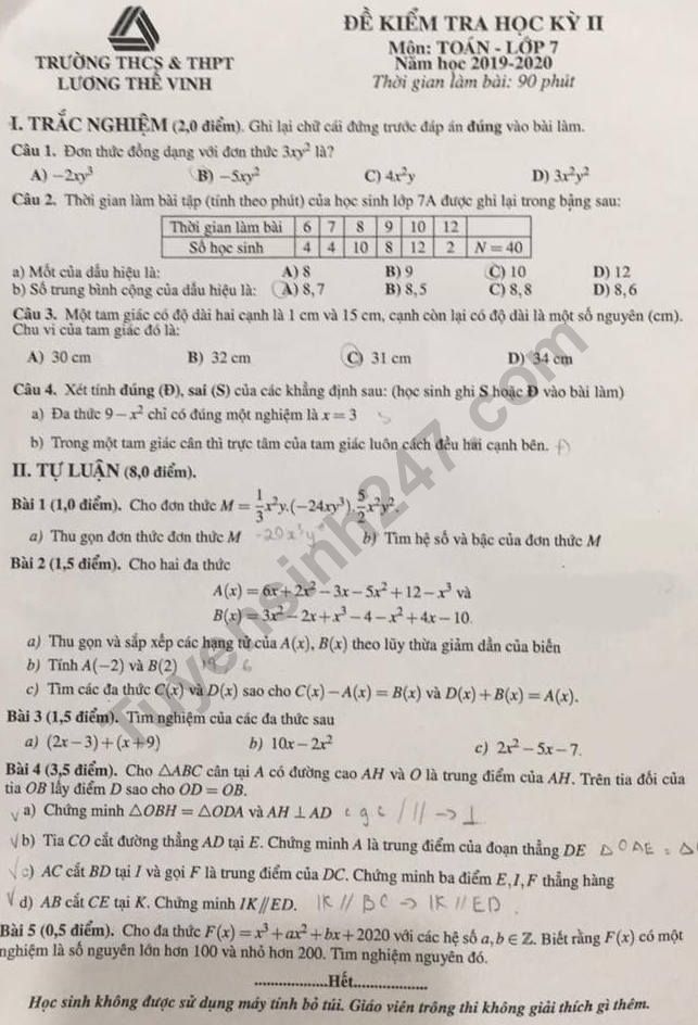 Đề thi kì 2 môn Toán lớp 7 - THCS Lương Thế Vinh 2020
