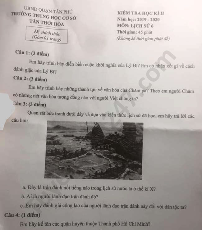 Đề thi học kì 2 môn Sử lớp 6 THCS Tân Thới Hòa năm 2020 