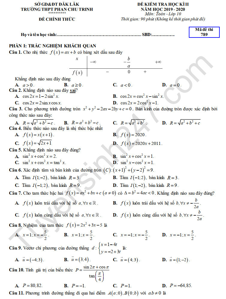 Đề thi học kì 2 môn Toán lớp 10 THPT Phan Chu Trinh năm 2020 