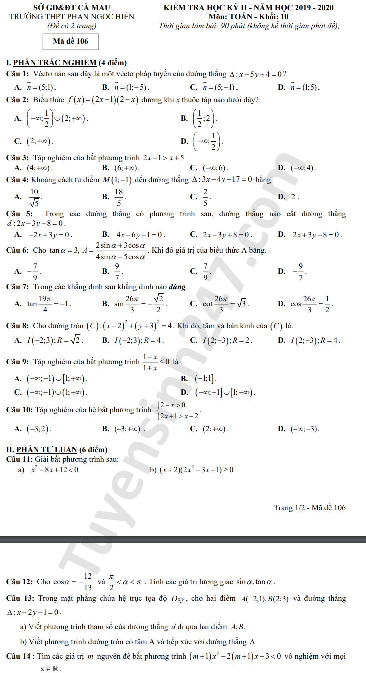 Đề thi học kì 2 môn Toán lớp 10 THPT Phan Ngọc Hiển năm 2020 