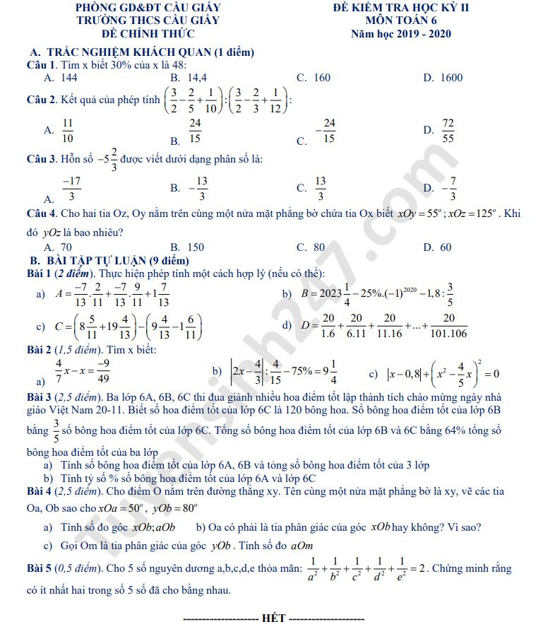 Đề thi học kì 2 THCS Cầu Giấy năm 2020 môn Toán lớp 6 