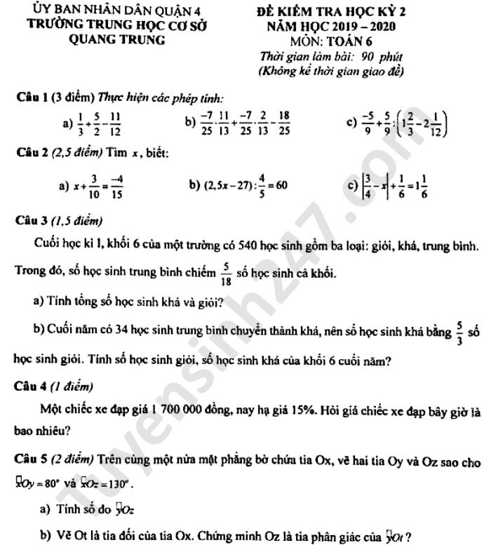 Đề thi học kì 2 lớp 6 THCS Quang Trung môn Toán năm 2020 