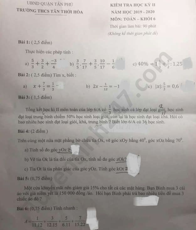 Đề thi học kì 2 THS Tân Thới Hòa năm 2020 môn Toán lớp 6 