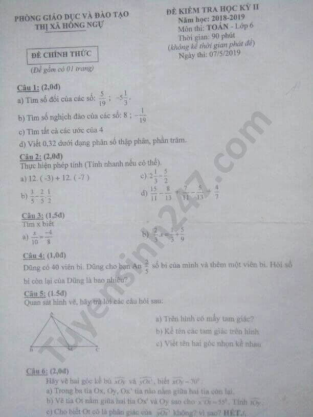 Đề thi học kì 2 năm 2020 môn Toán lớp 6 TX Hồng Ngự