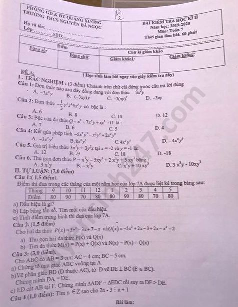 Đề thi học kì 2 THCS Nguyễn Bá Ngọc năm 2020 môn Toán lớp 7 