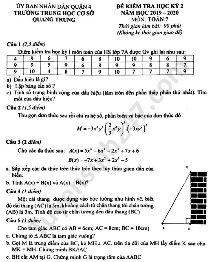 Đề thi học kì 2 THCS Quang Trung năm 2020 môn Toán lớp 7 