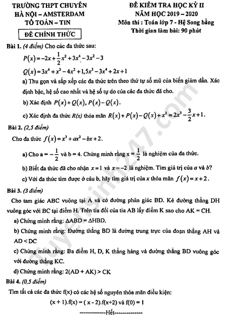Đề thi học kì 2 THPT chuyên Amsterdam môn Toán lớp 7 năm 2020 