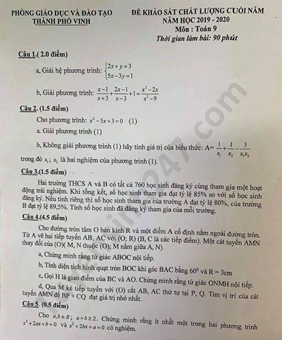 Đề thi học kì 2 năm 2020 môn Toán lớp 9 TP Vinh 