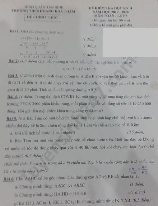 Đề thi học kì 2 môn Toán lớp 8  năm 2020  THCS Hoàng Hoa Thám
