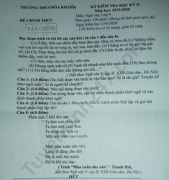 Đề thi học kì 2 môn Văn lớp 9 THCS Hòa Khánh năm 2020 