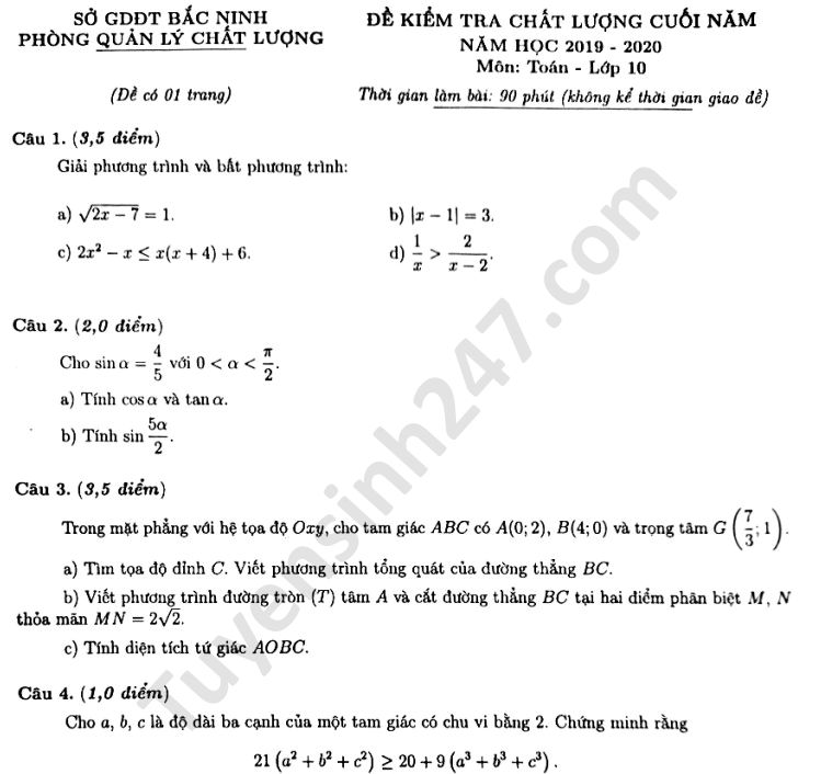Đề thi học kì 2 lớp 10 năm 2020 môn Toán Sở GD Bắc Ninh 