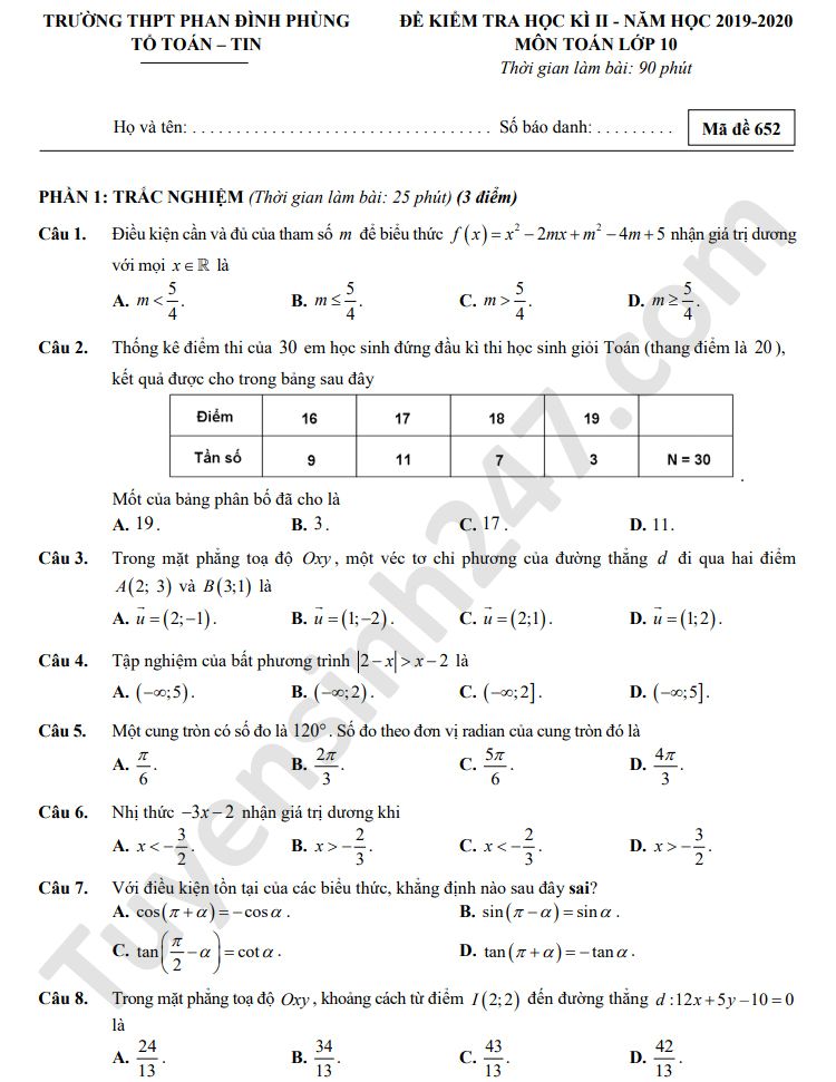 Đề thi học kì 2 môn Toán lớp 10 THPT Phan Đình Phùng năm 2020 