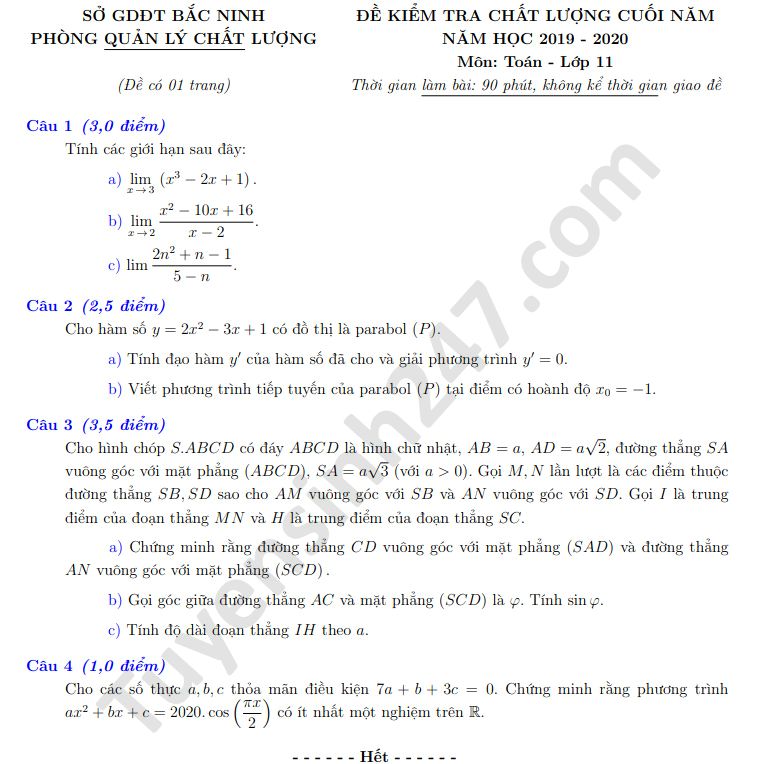 Đề thi học kì 2 môn Toán lớp 11 tỉnh Bắc Ninh năm 2020 