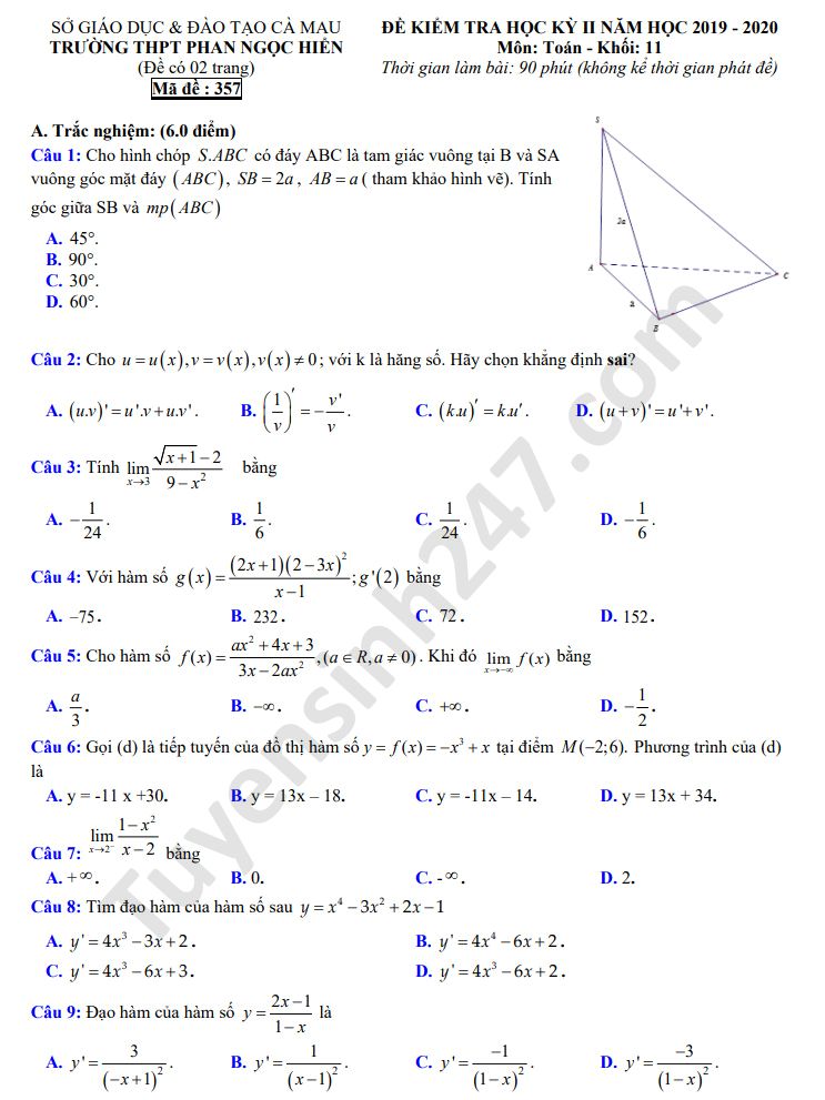 Đề thi học kì 2 năm 2020 lớp 11 môn Toán THPT Phan Ngọc Hiển 