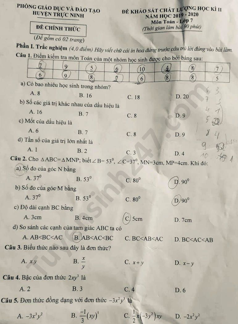 Đề thi học kì 2 môn Toán lớp 7 huyện Trực Ninh năm 2020 