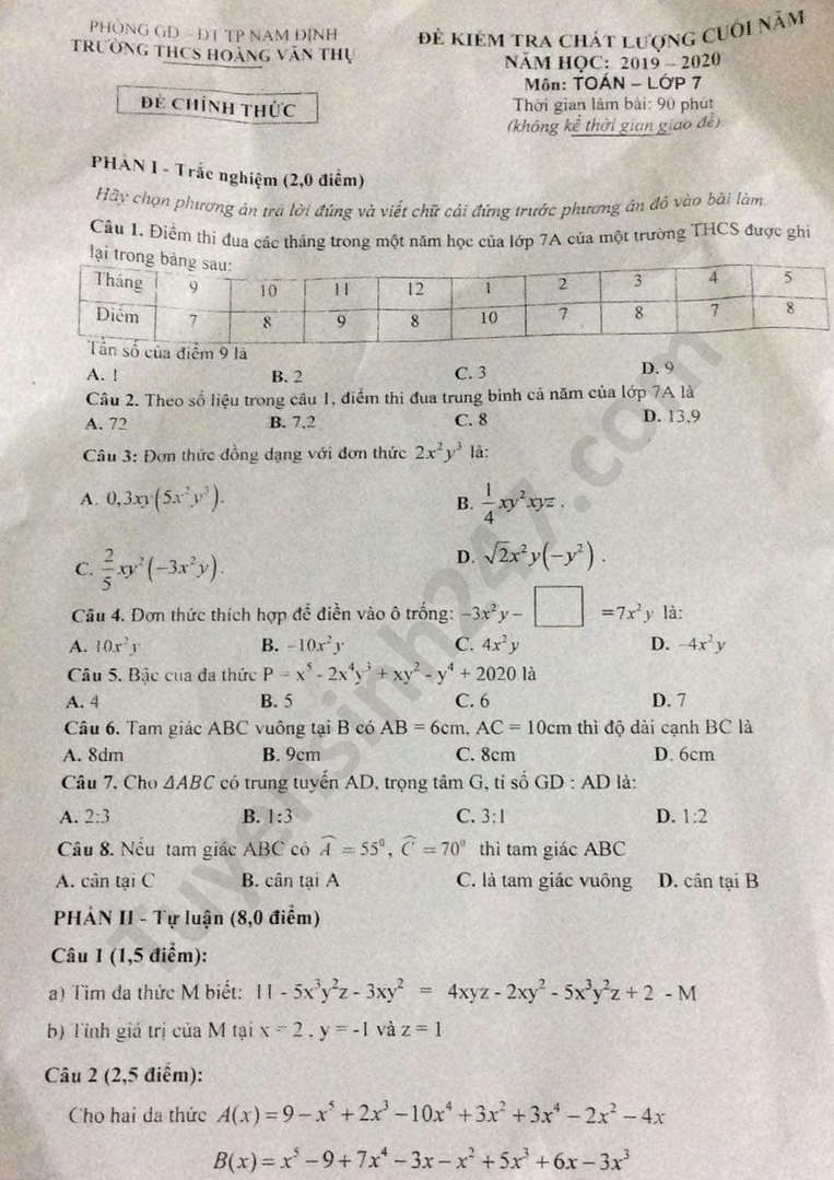 Đề thi học kì 2 lớp 7 môn Toán năm 2020 THCS Hoàng Văn Thụ
