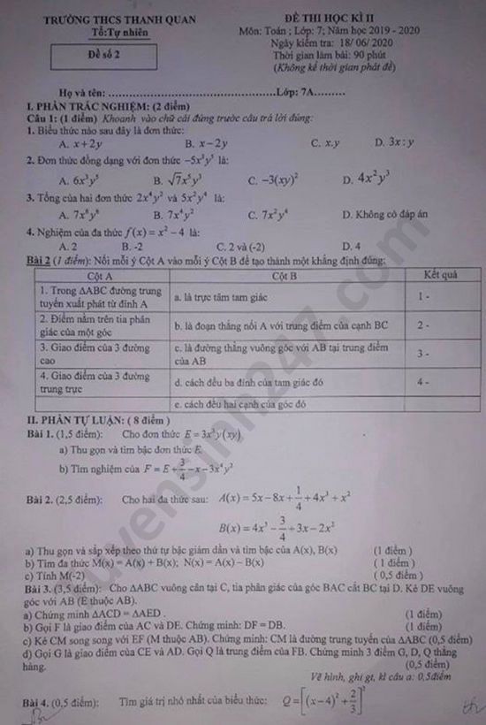 Đề thi học kì 2 lớp 7 môn Toán năm 2020 THCS Thanh Quan 