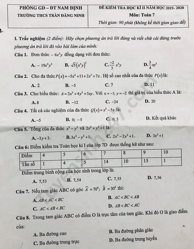 Đề thi học kì 2 môn Toán lớp 7 năm 2020 THCS Trần Đăng Ninh 