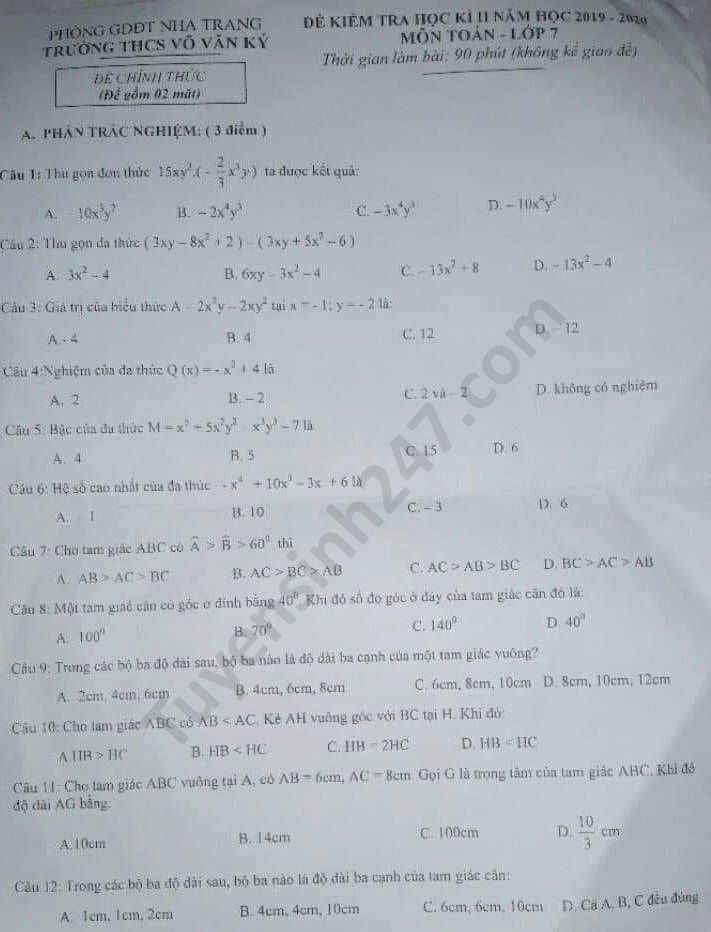 Đề thi học kì 2 môn Toán lớp 7 THCS Võ Văn Ký năm 2020 