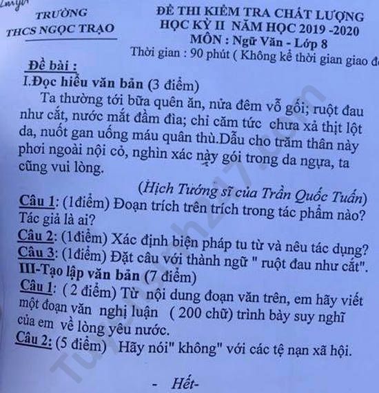 Đề thi học kì 2 năm 2020 môn Văn lớp 8 THCS Ngọc Trạo 