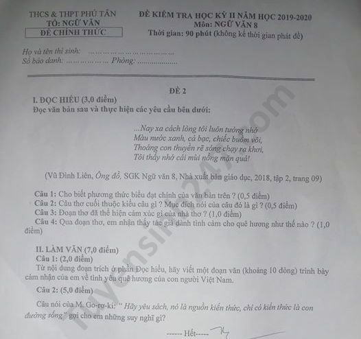 Đề thi học kì 2 năm 2020 môn Văn lớp 8 THCS - THPT Phú Tân 