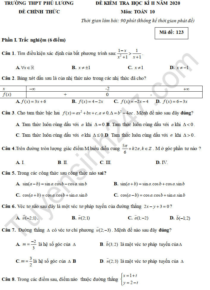 Đề thi học kì 2 môn Toán lớp 10 THPT Phú Lương năm 2020 