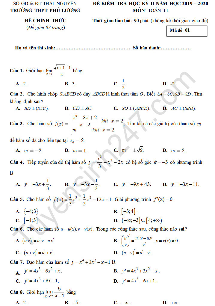 Đề thi học kì 2 lớp 11 môn Toán năm 2020 THPT Phú Lương