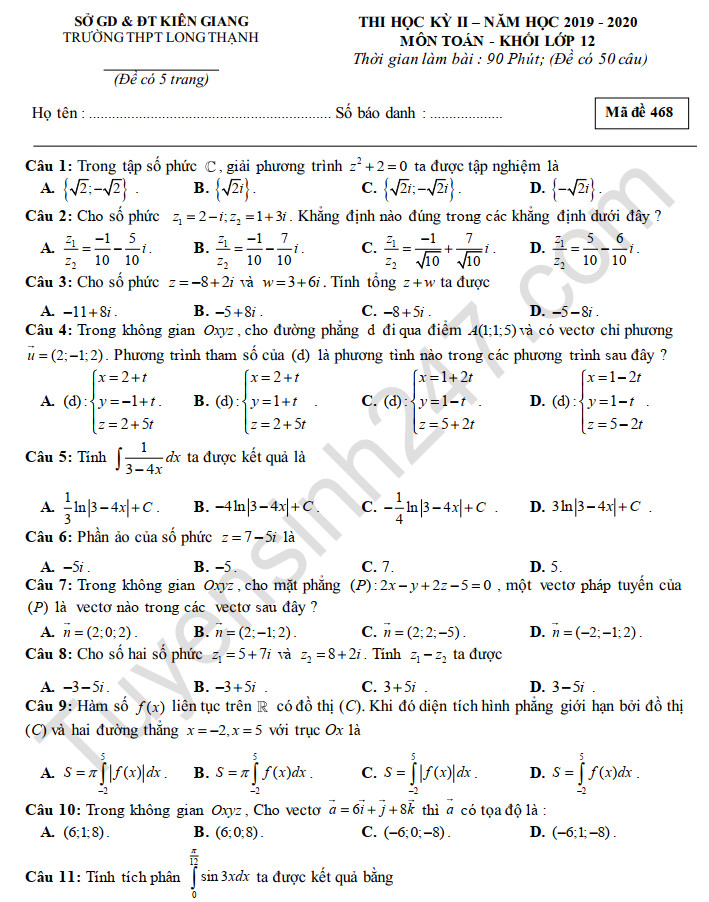 Đề thi học kì 2 môn Toán lớp 12 năm 2020 THPT Long Thạnh