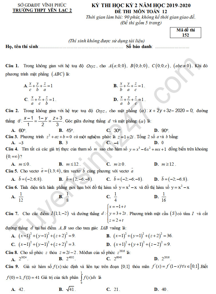 Đề thi học kì 2 năm 2020 môn Toán lớp 12 THPT Yên Lạc 2