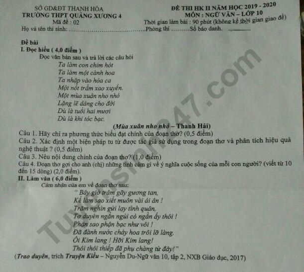 Đề thi kì 2 lớp 10 môn Văn 2020 - THPT Quảng Xương 4 